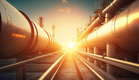 Industry pipeline or rack transport petrochemical, gas and oil processing, factory turbine line, rack of heat chemical petroleum, equipment steel pipes, with Generative AI.の素材