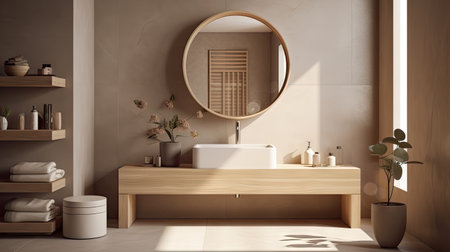 Minimal interior design bathroom with beige cozy tone style, decorate with wooden decor, bathtub, sink, towels, and brown tone background, empty wall for mock up and banner, with Generative Ai.の素材