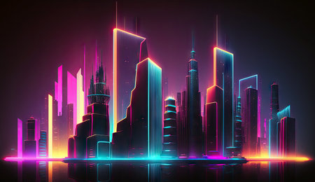 Neon mega city capital towers with futuristic technology background, future modern building virtual reality, night life style concept, digital design, digital technology scene with Generative Ai.の素材
