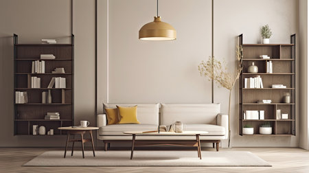 Minimal interior design living room with beige cozy tone style, decorate with sofa, bookshelf, armchair, wood table, and brown tone background, empty wall for mock up and banner, with Generative Ai.の素材