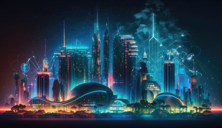 Neon mega city capital towers with futuristic technology background, future modern building virtual reality, night life style concept, digital design, digital technology scene with Generative Ai.の素材