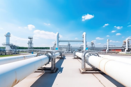 Industry pipeline or rack transport petrochemical, gas and oil processing, factory turbine line, rack of heat chemical petroleum, equipment steel pipes, with Generative AI.の素材