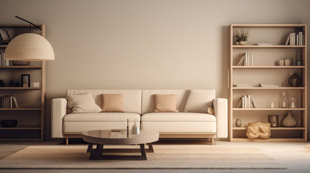 Minimal interior design living room with beige cozy tone style, decorate with sofa, bookshelf, armchair, wood table, and brown tone background, empty wall for mock up and banner, with Generative Ai.の素材