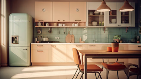 Minimal interior design kitchen room with beige cozy tone style, decorate with wooden counter. chairs and brown tone background, empty wall for mock up and banner, with Generative Ai.の素材