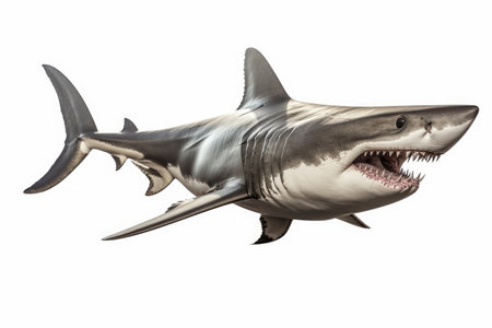 Great white Shark the famous predator in the ocean isolated on white background, marine animal, clip art, diversity of animals, with Generative AI.の素材