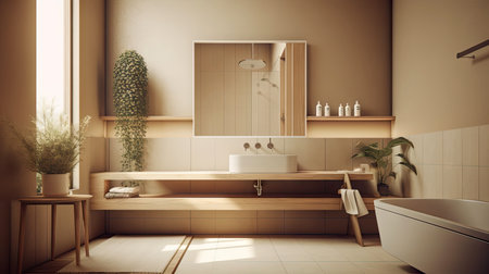 Minimal interior design bathroom with beige cozy tone style, decorate with wooden decor, bathtub, sink, towels, and brown tone background, empty wall for mock up and banner, with Generative Ai.の素材
