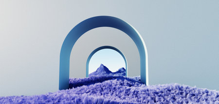 3d render Surreal green shaggy surface Grassland mountain landscape background in minimal concept,...