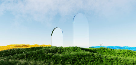 3d render Surreal green shaggy surface Grassland mountain landscape background in minimal concept, abstract fantastic dune, panoramic, futuristic beauty meadow.copy space, blue sky and cloudyの写真素材