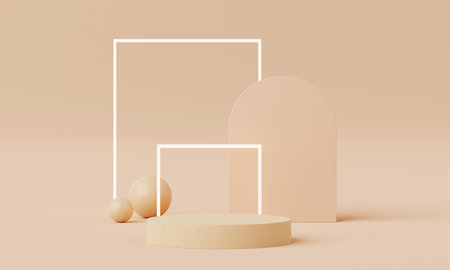 3D Render, Minimal Realistic pastel Display Podium for Product Mock up or Cosmetics Presentation in colorful pastel Studio, Cylinder pedestal showcase scene, geometric shapes background.の写真素材