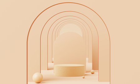 3D Render, Minimal Realistic pastel Display Podium for Product Mock up or Cosmetics Presentation in colorful pastel Studio, Cylinder pedestal showcase scene, geometric shapes background.の写真素材
