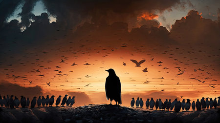 The King of royal black crow standing out between other crows, black birds, nature animals wildlife background, with Generative AI.の素材