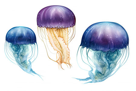 Colorful of Jellyfish clipart isolated on white background, marine life animals, Jellyfish dancing and swimming, with Generative AI.の素材