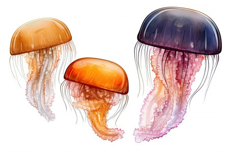 Colorful of Jellyfish clipart isolated on white background, marine life animals, Jellyfish dancing and swimming, with Generative AI.の素材