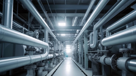 Industry pipeline or rack transport petrochemical, gas and oil processing, factory turbine line, rack of heat chemical petroleum, equipment steel pipes, with Generative AI.の素材