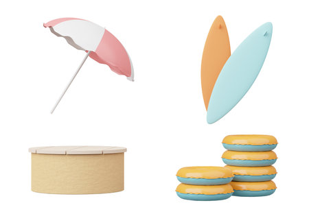 Summer elements 3d icon set clipart isolated on white background, Minimal Realistic objects for mock-up with summer theme, beach umbrella, sand, inflatable ring, vacation time to travel.の写真素材