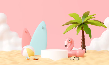 Summer pink vacation beach with Flamingo inflatable ring background concept, Minimal Realistic Display Podium for Product mock-up or Cosmetics with summer pink theme, inflatable ring. 3d renderingの写真素材