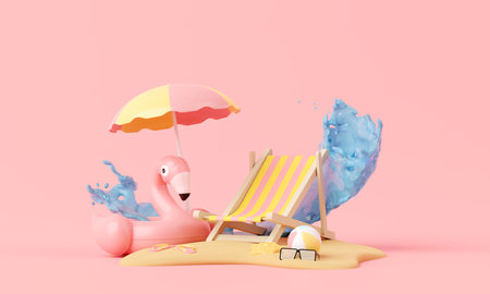 Summer pink vacation beach with Flamingo inflatable ring background concept, Minimal Realistic Display Podium for Product mock-up or Cosmetics with summer pink theme, inflatable ring. 3d renderingの写真素材