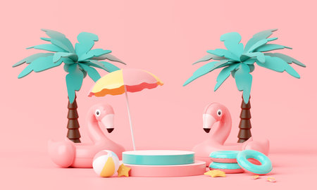 Summer pink vacation beach with Flamingo inflatable ring background concept, Minimal Realistic Display Podium for Product mock-up or Cosmetics with summer pink theme, inflatable ring. 3d renderingの写真素材