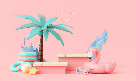 Summer pink vacation beach with Flamingo inflatable ring background concept, Minimal Realistic Display Podium for Product mock-up or Cosmetics with summer pink theme, inflatable ring. 3d renderingの写真素材