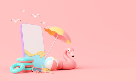 Minimal Summer pink vacation beach with cute elements Flamingo inflatable ring, smartphone, and other background concept, Display for Product mock-up or Cosmetics with summer pink theme. 3d renderingの写真素材