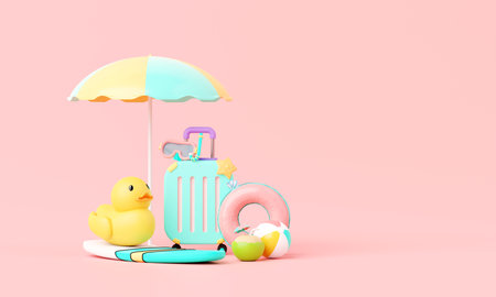 Summer time pink vacation beach with Minimal suitcase luggage, inflatable rings, other elements background concept, Display for Product mockup with summer pink theme. minimal cute design. 3d render.の写真素材