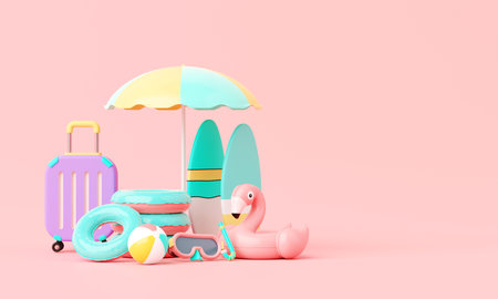 Summer pink vacation beach with Minimal Surfboard, island, elements background concept, Realistic Display for Product mock-up or Cosmetics with summer pink theme. minimal cute design. 3d renderingの写真素材