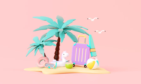Summer time pink vacation beach with Minimal suitcase luggage, inflatable rings, other elements background concept, Display for Product mockup with summer pink theme. minimal cute design. 3d render.の写真素材