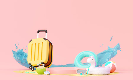 Summer pink vacation beach with Unicorn inflatable ring and suitcase luggage background concept, Minimal podium for Product mock-up or Cosmetics with summer pink theme, inflatable ring. 3d renderingの写真素材