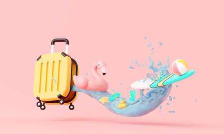 Summer time pink vacation beach with Minimal suitcase luggage, inflatable rings, other elements background concept, Display for Product mockup with summer pink theme. minimal cute design. 3d render.の写真素材