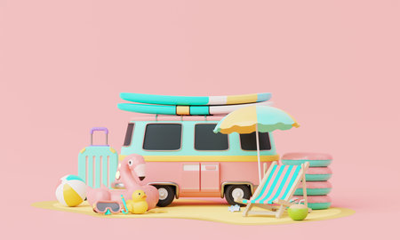 Summer pink vacation beach with Minimal travel van bus, surfboard, elements background concept, Realistic Display for Product mock-up with summer pink theme. minimal cute design. 3d renderingの写真素材