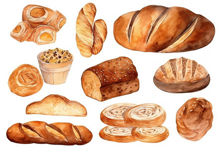 Watercolor bakery breads products isolated on white background, various breads in cafe shop, Delicious buns, pancake, and others baked, with Generative Ai.の素材