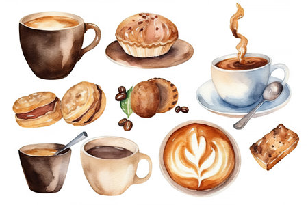 Watercolor bakery breads products isolated on white background, various breads in cafe shop, Delicious buns, pancake, and others baked, with Generative Ai.の素材