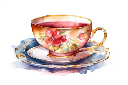 Watercolor set of Tea or coffee cups isolated on white background, Homemade mug for collection, Afternoon tea catering party, clipart of cup style, with Generative Ai.の素材