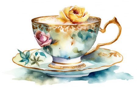 Watercolor set of Tea or coffee cups isolated on white background, Homemade mug for collection, Afternoon tea catering party, clipart of cup style, with Generative Ai.の素材