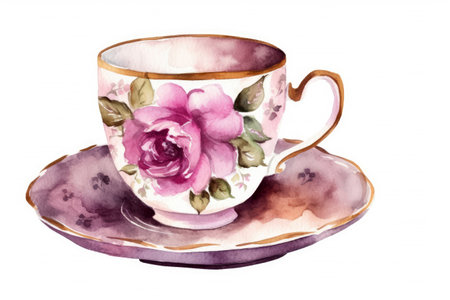 Watercolor set of Tea or coffee cups isolated on white background, Homemade mug for collection, Afternoon tea catering party, clipart of cup style, with Generative Ai.の素材