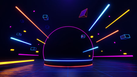 3d technology abstract neon light background, empty space scene, spotlight, dark night, virtual reality, cyber futuristic sci-fi background, street floor studio for mock up. colored geometric.の写真素材