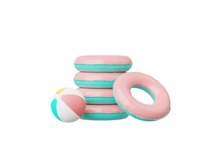 3d render stack inflatable ring pool isolated on white background. Summer pink vacation with...