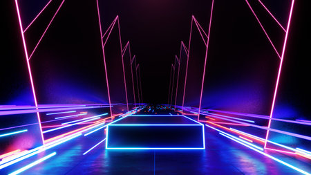 3d technology abstract neon light background, empty space scene, spotlight, dark night, virtual reality, cyber futuristic sci-fi background, street floor studio for mock up. colored geometric.の写真素材