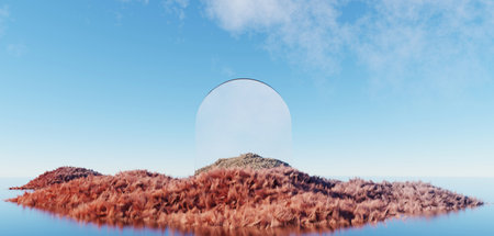 3d render Surreal green shaggy surface Grassland mountain landscape background in minimal concept, abstract fantastic dune, panoramic, futuristic beauty meadow. copy space, blue sky and cloudyの写真素材
