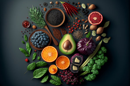 Healthy green organic food with different vegetables on table. Clean food including of Herbs, leaf, fruits and spices with Generative AI.の素材