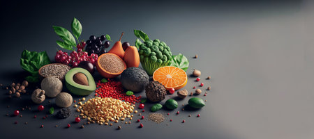 Healthy green organic food with different vegetables on table. Clean food including of Herbs, leaf, fruits and spices with Generative AI.の素材