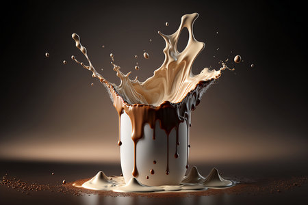 Coffee in cup with falling of splash and steam. Morning drinks with Generative AI.の素材