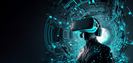 Cartoon character with VR headset glasses for futuristic playing Video games in high technology virtual world with Generative AI.の素材