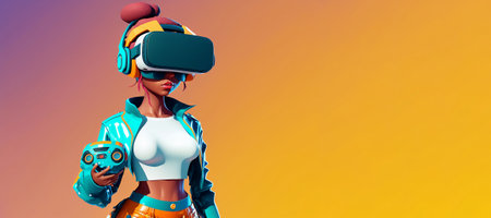 Cartoon character with VR headset glasses for futuristic playing Video games in high technology virtual world with Generative AI.の素材