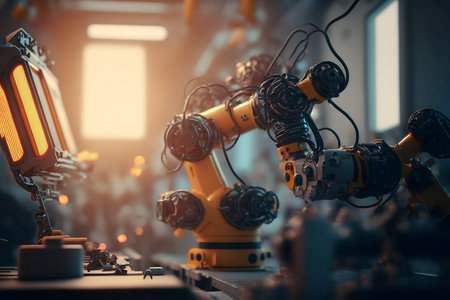 Robotic arm in factory for assembly machines industrial. robot manipulator with Generative AI.の素材