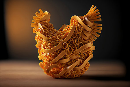 Ramen Noodles in Chicken flying shape on table brown background with Generative AI.の素材