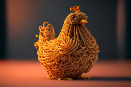 Ramen Noodles in Chicken flying shape on table brown background with Generative AI.の素材