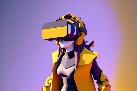 Cartoon character with VR headset glasses for futuristic playing Video games in high technology virtual world with Generative AI.の素材