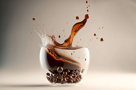 Coffee in cup with falling of splash and steam. Morning drinks with Generative AI.の素材