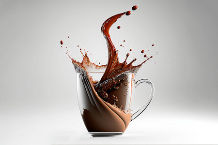 Coffee in cup with falling of splash and steam. Morning drinks with Generative AI.の素材